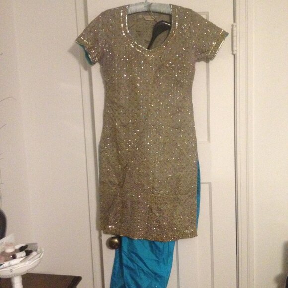Womens gold/teal east indian three piece outfit sm - Picture 4 of 10